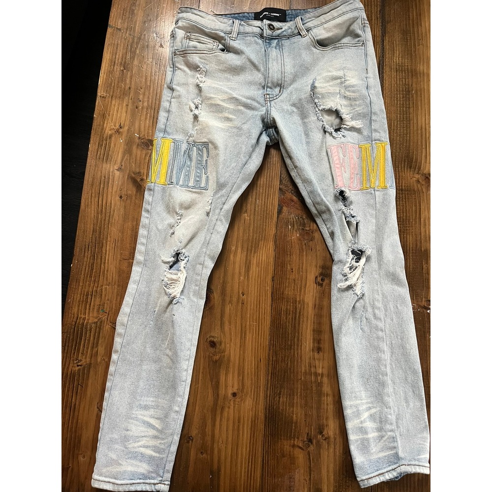 Homme + Femme‎ Distressed Light Wash Denim Jeans Mens 32 Homme Femme Applique